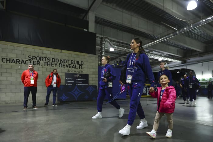 Alex Morgan entered the stadium for Monday's game holding her daughter's hand. Photo by Jessica Alcheh, USA TODAY Sports